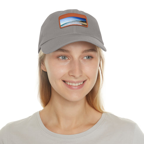 White baseball cap with Malibu beach image, unisex cotton hat.