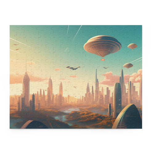 Futuristic cityscape puzzle with flying cars and skyscrapers in vibrant colors