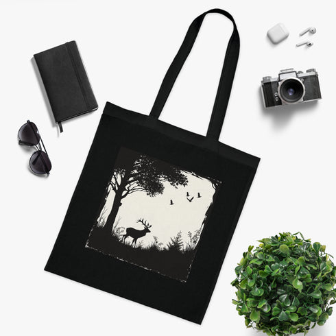 Creature Feature Tote Bag in Black Cotton with Wildlife Silhouettes