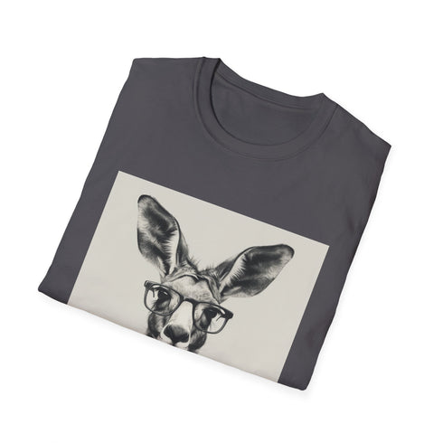 Charcoal cotton t-shirt featuring whimsical kangaroo reading graphic