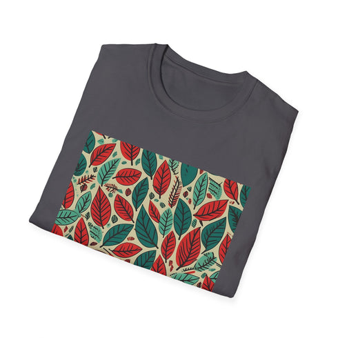 Charcoal cotton crew neck T-shirt with vibrant grunge leaf pattern