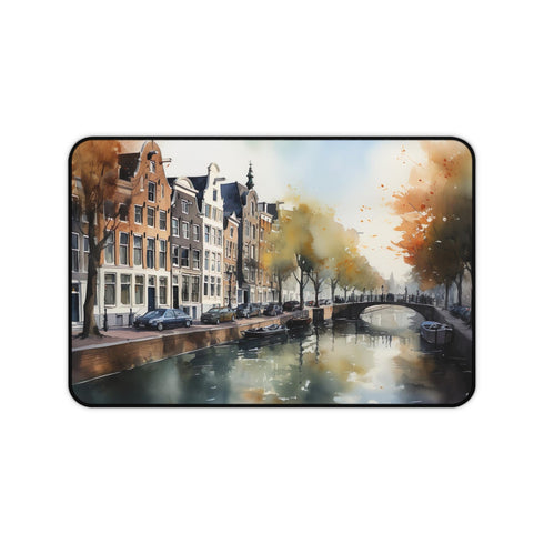 Vibrant Amsterdam city desk mat showcasing picturesque canals and historic architecture.