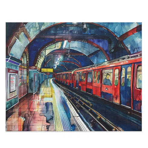 London Underground watercolor jigsaw puzzle depicting bustling transportation system.