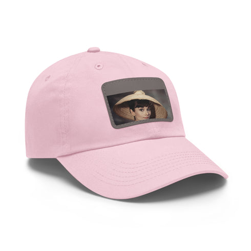 Iconic Audrey Hepburn Monochrome Baseball Cap in White with Light Brown Patch