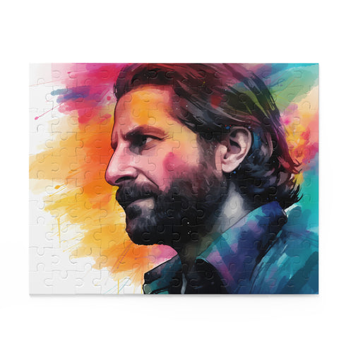 Vibrant neon Bradley Cooper watercolor puzzle with stunning hues.