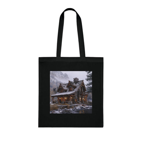 Cozy Black Cabin Cotton Tote Bag with Mountain Cabin Design