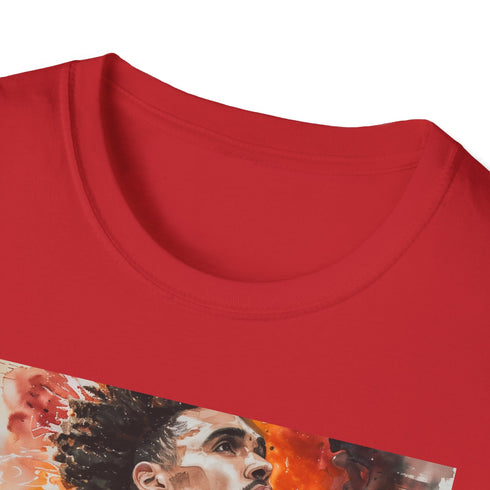 Charcoal cotton t-shirt with a watercolor portrait of Trae Young