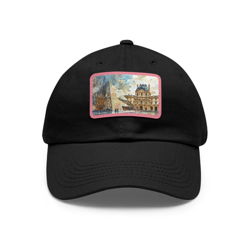Louvre Paris watercolor cotton baseball cap in white with light brown patch.