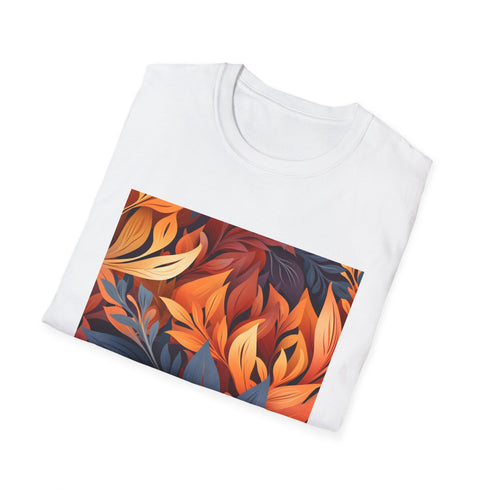 Men's charcoal crew neck T-shirt with autumn tapestry vibrant print
