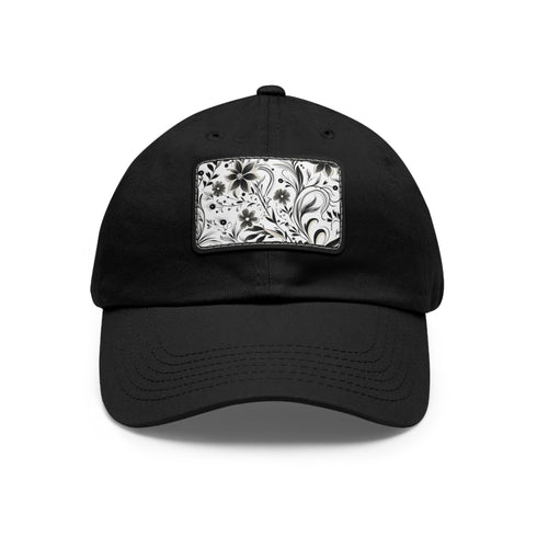 Monochrome baseball cap with repeating pattern design in black and white.