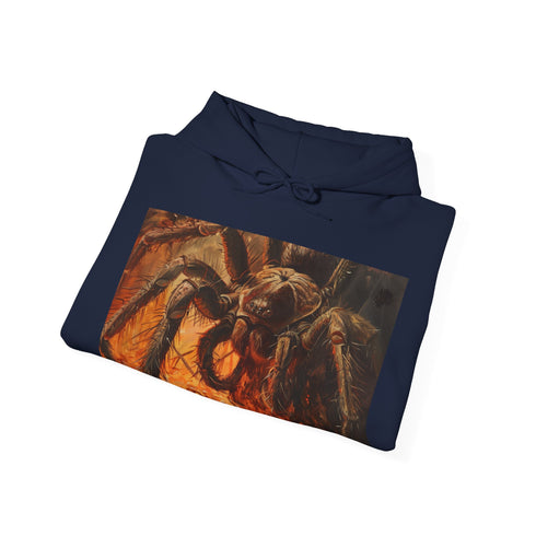 Vibrant navy tarantula graphic hoodie for men and women, regular fit.