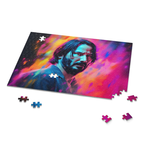 Colorful Keanu Reeves puzzle in vibrant watercolor neon hues, 120 pieces.
