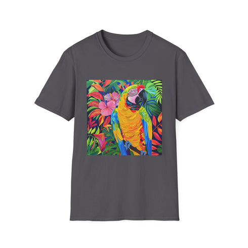 Charcoal cotton t-shirt with vibrant tropical parrot print for summer