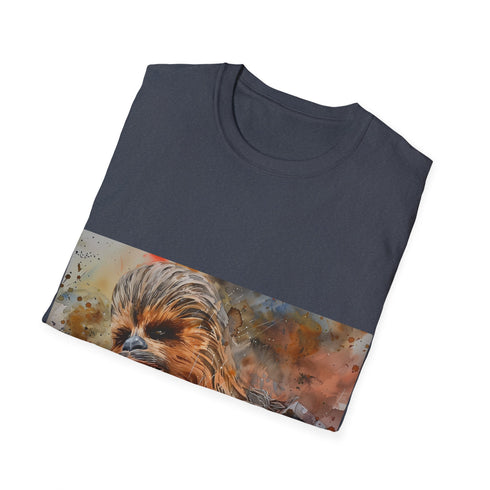 Charcoal watercolor Chewbacca tee in crew neck cotton offering vibrant sci-fi style