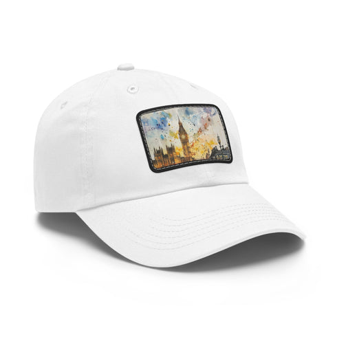 London skyline watercolor baseball cap in white with light brown patch.