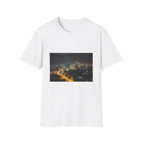 Charcoal crew neck cotton T-shirt with vibrant African street market design