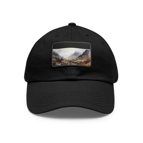 White cotton baseball cap with Scottish landscape print.