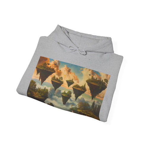 Surreal navy hoodie with untethered horizon design for men and women.