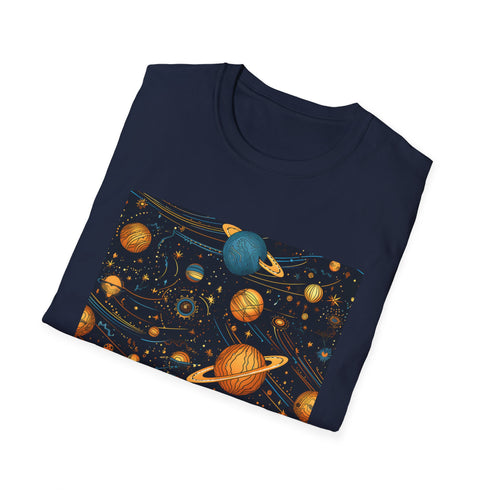 Charcoal cotton T-shirt with celestial patterned stars and moons elegant design