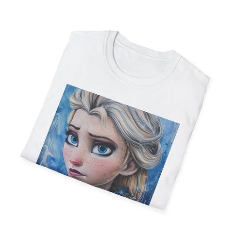 Charcoal cotton T-shirt showcasing vibrant Elsa Snow Queen painting textured for summer
