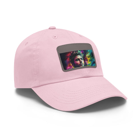 Vibrant watercolor baseball cap with neon colors and light brown patch.