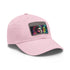 Vibrant watercolor baseball cap with neon colors and light brown patch.