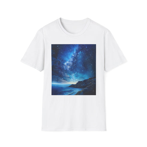 Charcoal cosmic-themed cotton t-shirt featuring colorful Milky Way painting