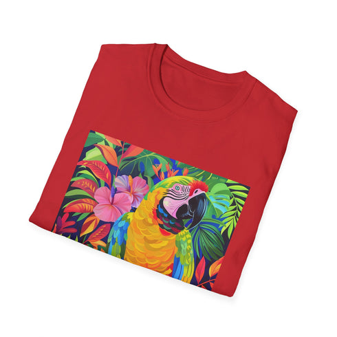 Charcoal T-shirt with vibrant parrot design evoking tropical freedom and joy