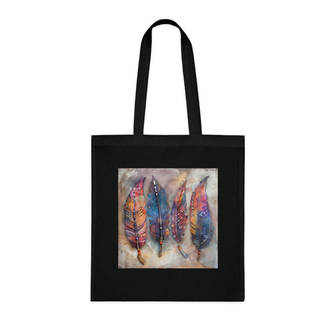 Boho Feathers Tote Bag in Black Cotton for Accessories.
