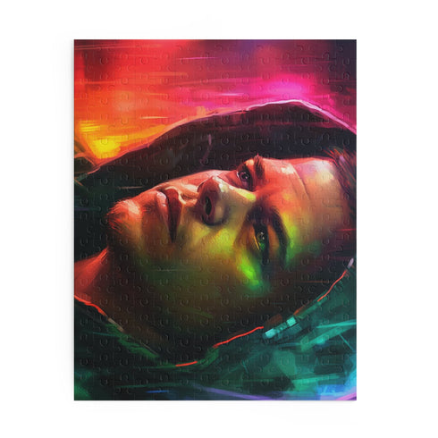 Watercolor puzzle featuring vibrant neon colors and Matt Damon portrait.