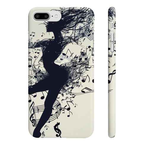 Dance-inspired glossy phone case with musical silhouette design.