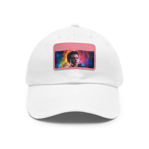 Neon watercolor baseball cap in white with light brown patch.