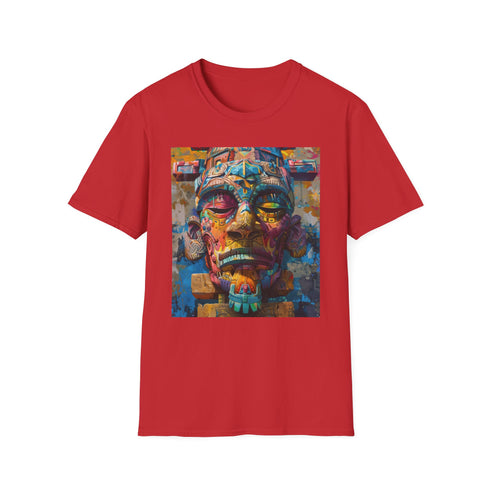 Charcoal cotton T-shirt featuring vibrant neon tribal mask design