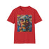 Charcoal cotton T-shirt featuring vibrant neon tribal mask design