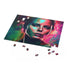 Charlize Theron neon watercolor puzzle with vibrant portrait design.