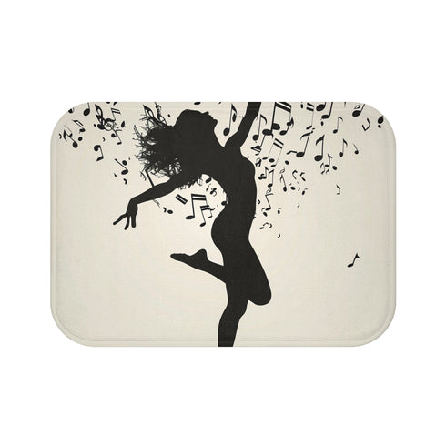 Dancing notes bath mat with elegant silhouette and musical cascade.