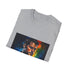 Charcoal cotton t-shirt with vibrant neon graphic featuring a heroic spirit