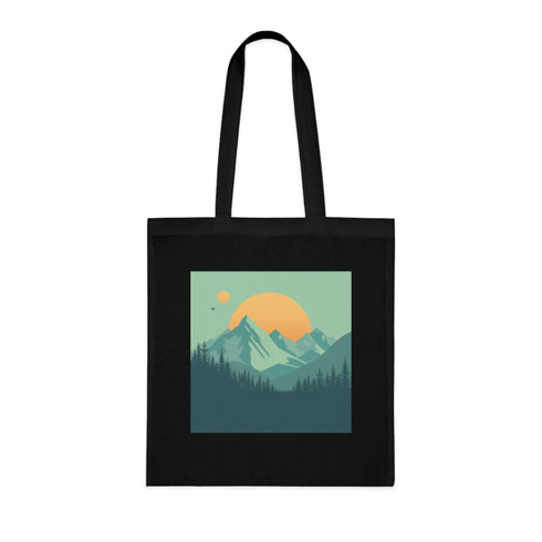 Alpine Simplicity Tote Bag, Black Cotton Minimalist Mountain Landscape Design.