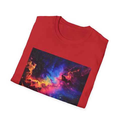 Neon space graphic T-shirt in charcoal cotton with luminous galaxy design