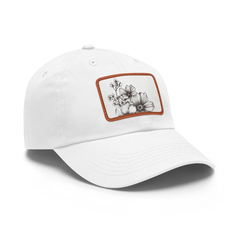 Hand-drawn floral baseball cap in white with light brown patch.