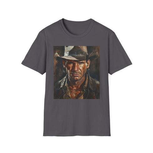 Charcoal crew neck t-shirt with vibrant Indiana Jones painting