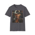 Charcoal crew neck t-shirt with vibrant Indiana Jones painting