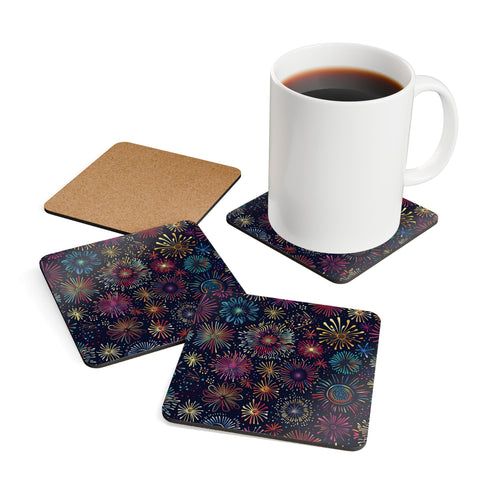 Colorful festive fireworks square corkwood coasters for stylish table protection.
