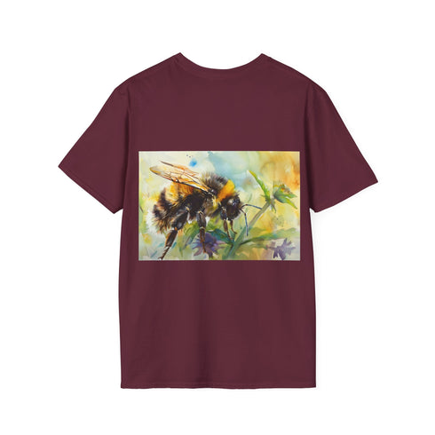 Charcoal cotton crew neck tee with vibrant bumblebee watercolor design