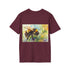 Charcoal cotton crew neck tee with vibrant bumblebee watercolor design