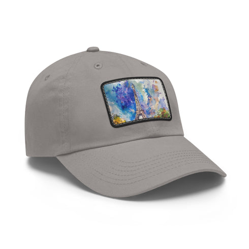 Eiffel Tower Dreams Watercolor Baseball Cap, White with Light Brown Patch