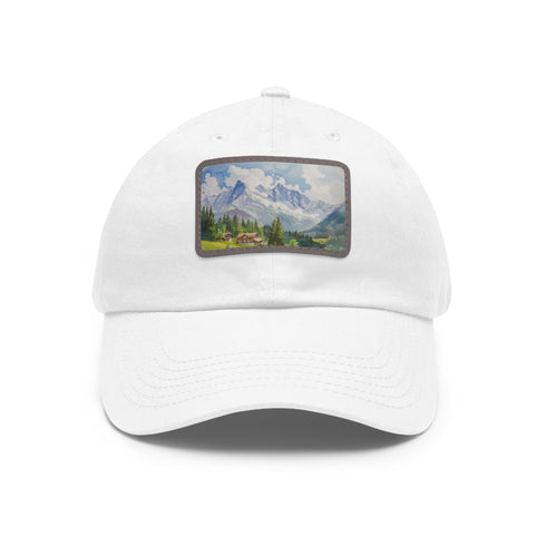 Swiss Alps watercolor cap in white with light brown patch and rectangle shape
