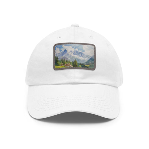 Swiss Alps watercolor hat with white/light brown patch and rectangle shape.