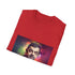 Charcoal crew neck t-shirt with vibrant neon watercolor comedy design