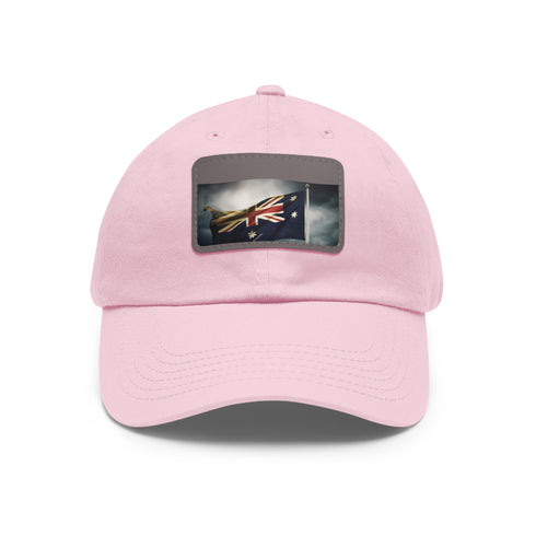 Australia flag white baseball cap with light brown rectangle patch.